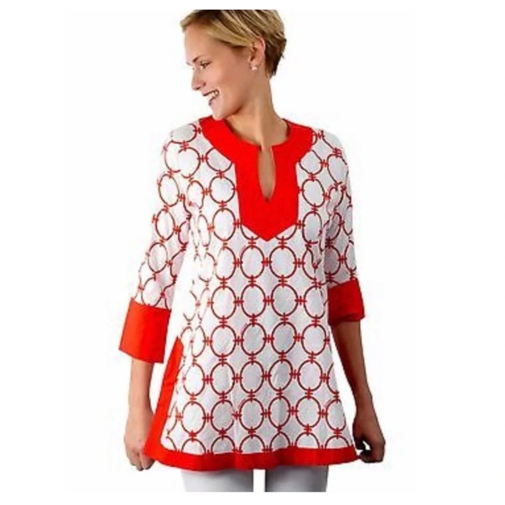 Gretchen Scott Designs Red White Geometric Link Tunic‎ Top Split Neck Large